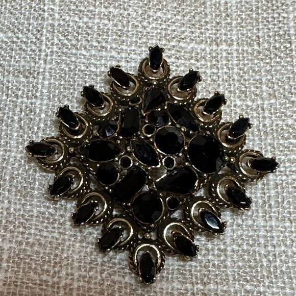 VTG Hollycraft Brooch‎ Pin 1 5/8" Gold Plated Black Rhinestones Signed MCM USA - Picture 4 of 6